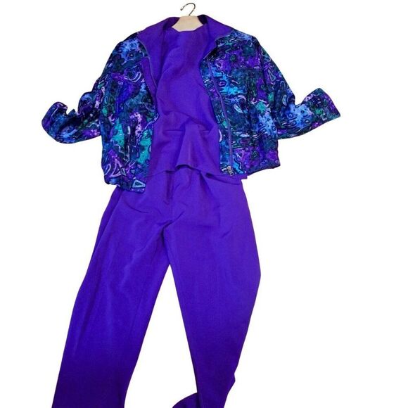 Vintage 90s Reversible Track Jacket Pant Suit Womens M Purple Geometric 3 Piece - Picture 2 of 12